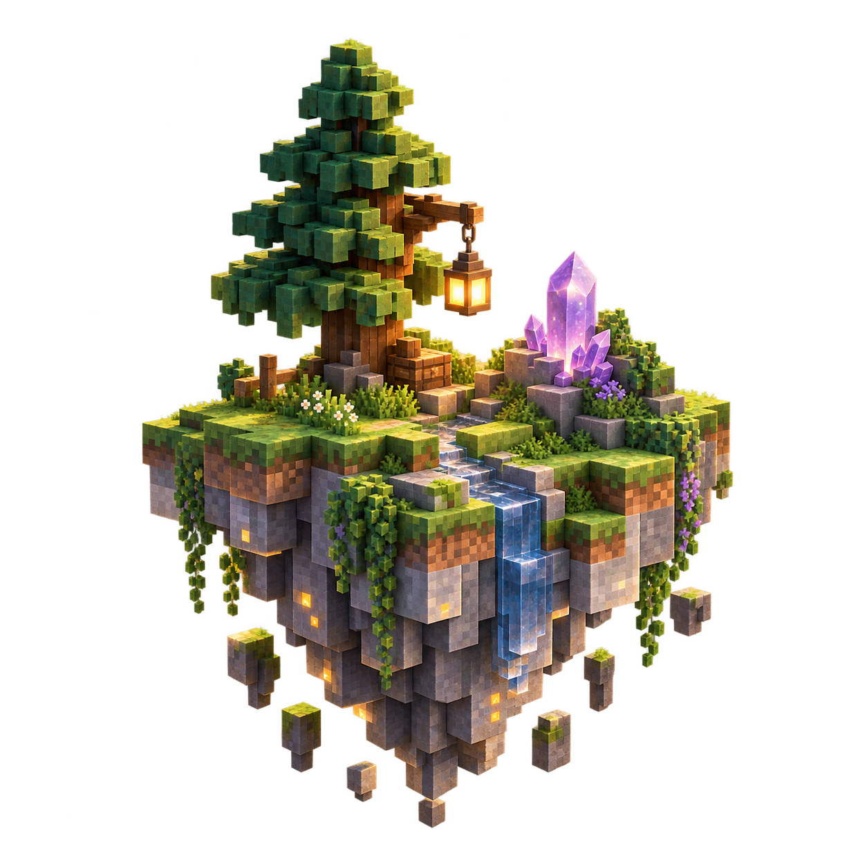 Парящий остров Minecraft с деревом, водопадом и фиолетовым кристаллом
